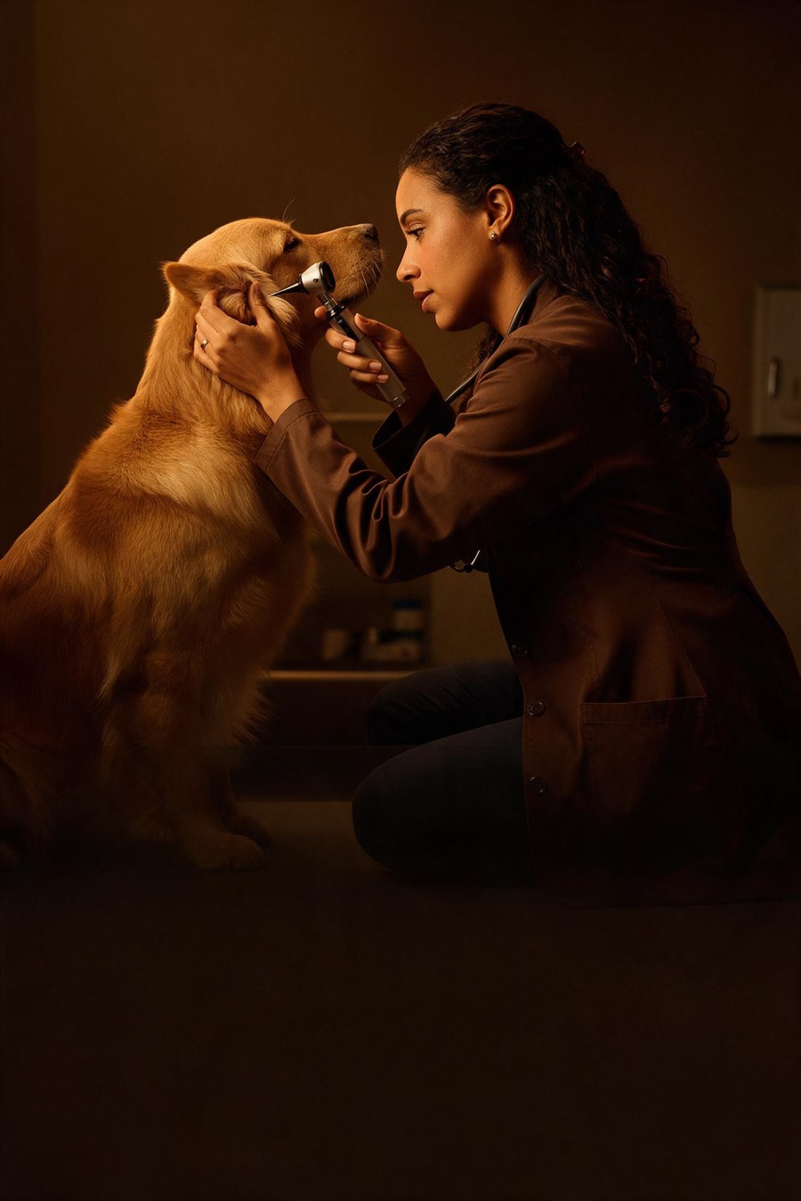 Veterinária examinando um cachorro