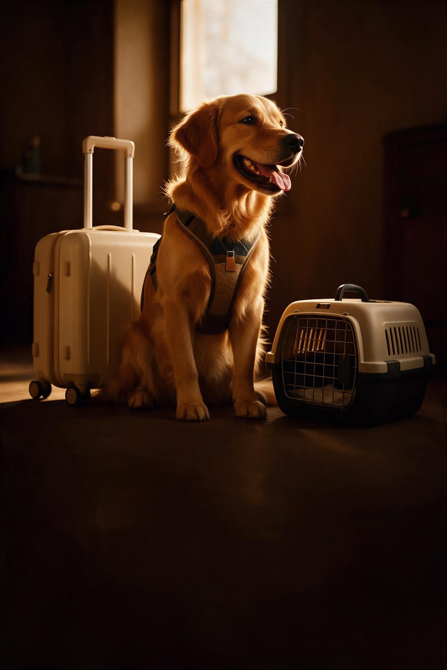 Cachorro pronto para viajar ao lado de uma mala