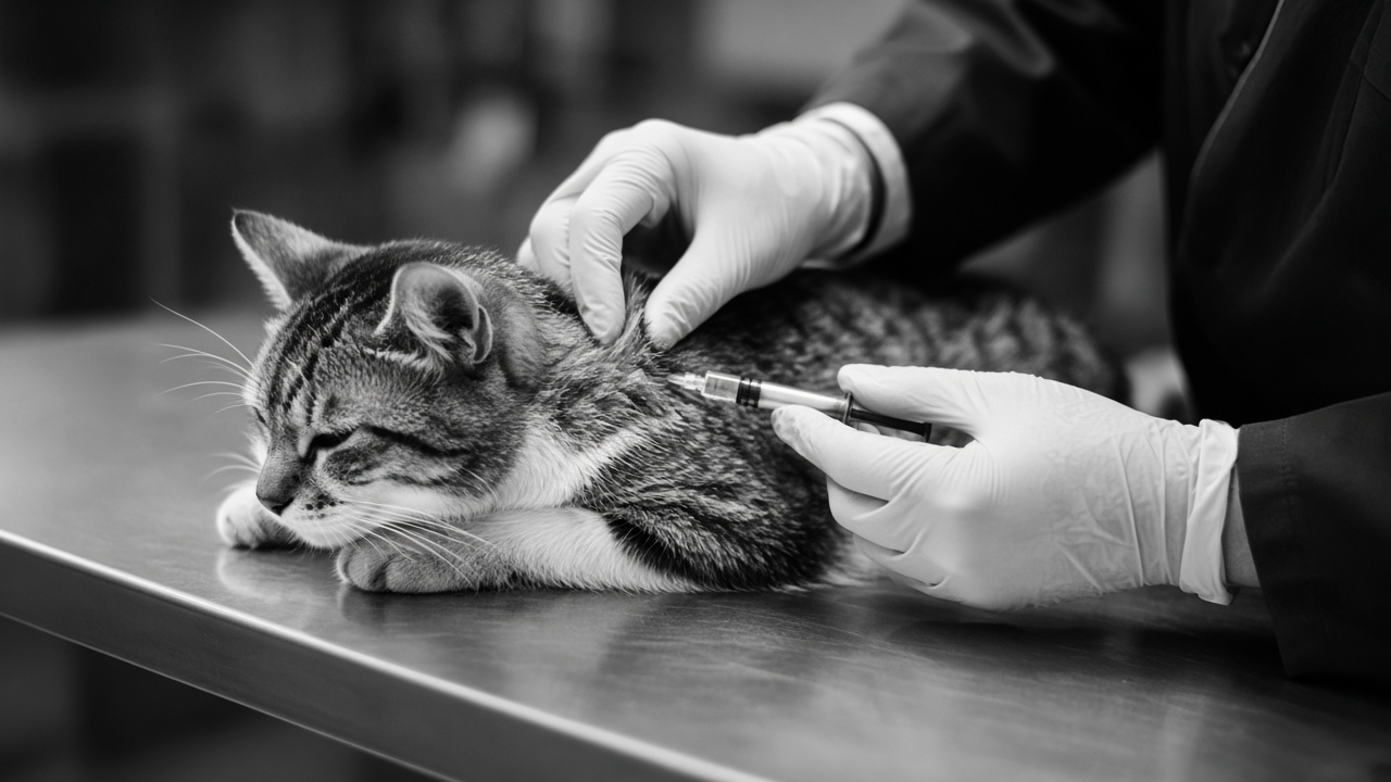 Veterinário aplicando vacina em um gato na clínica
