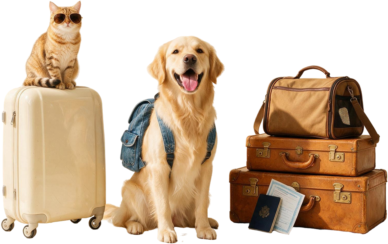 Golden retriever de mochila entre uma mala com um gato de óculos escuros em cima e uma pilha de bagagens com bolsa de transporte e passaporte