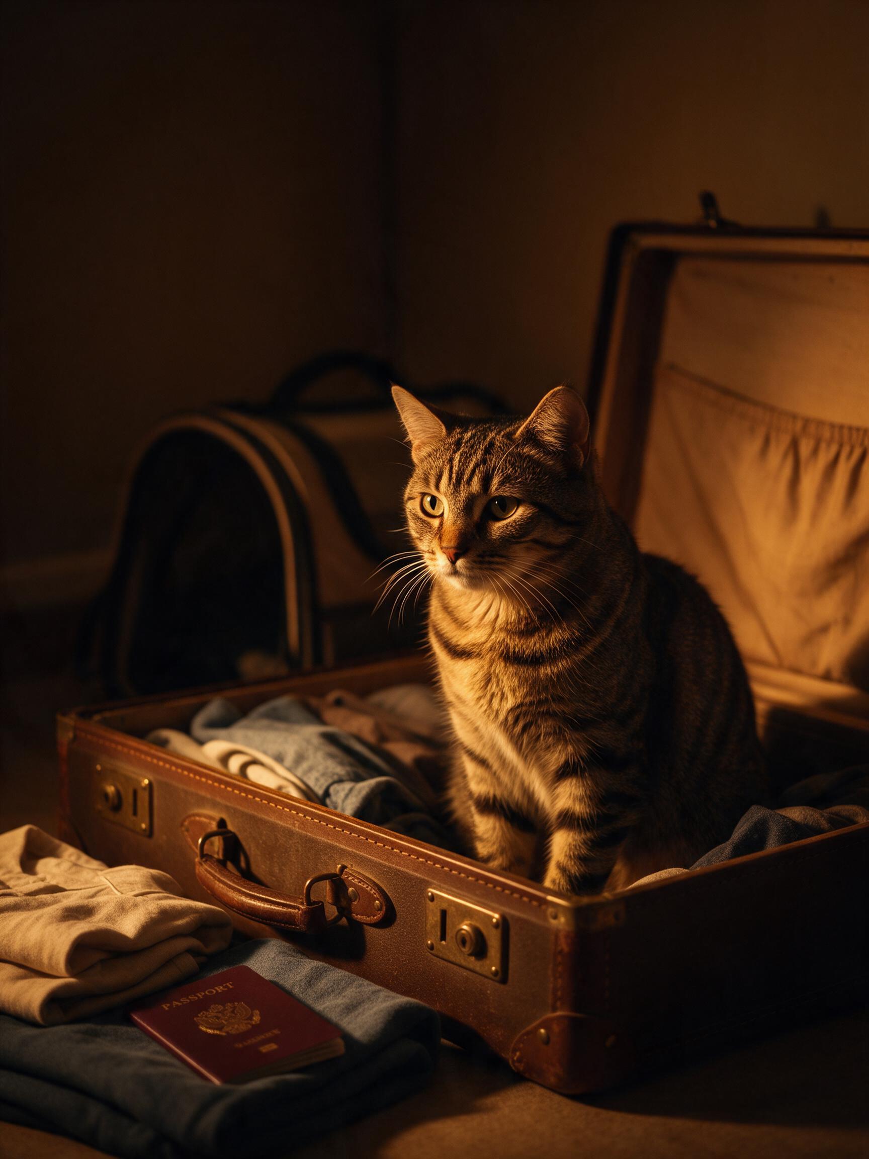 Gato sentado dentro de uma mala aberta