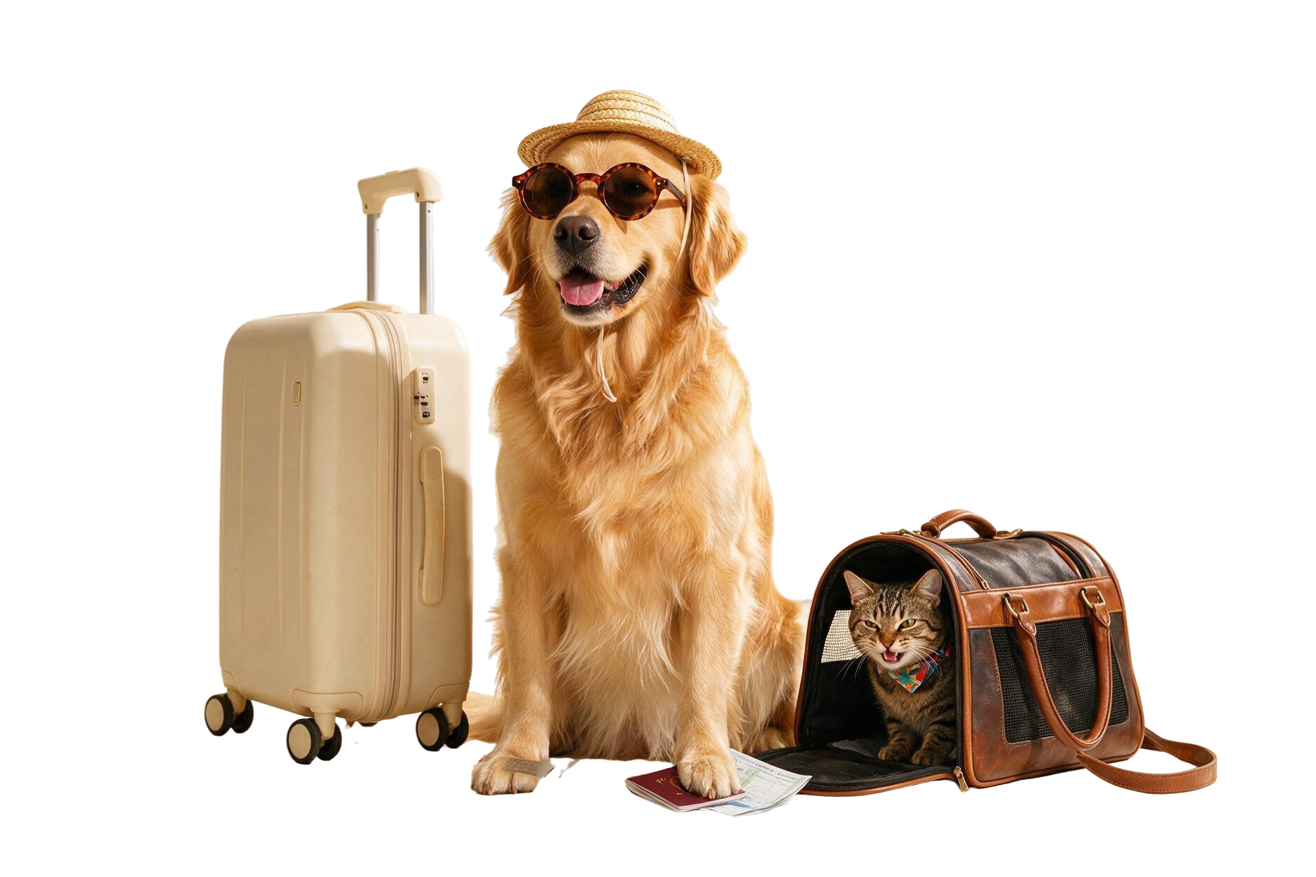 Golden retriever de chapéu de palha e óculos escuros sentado ao lado de uma mala, com um gato dentro da bolsa de transporte, passaporte e atestado de saúde