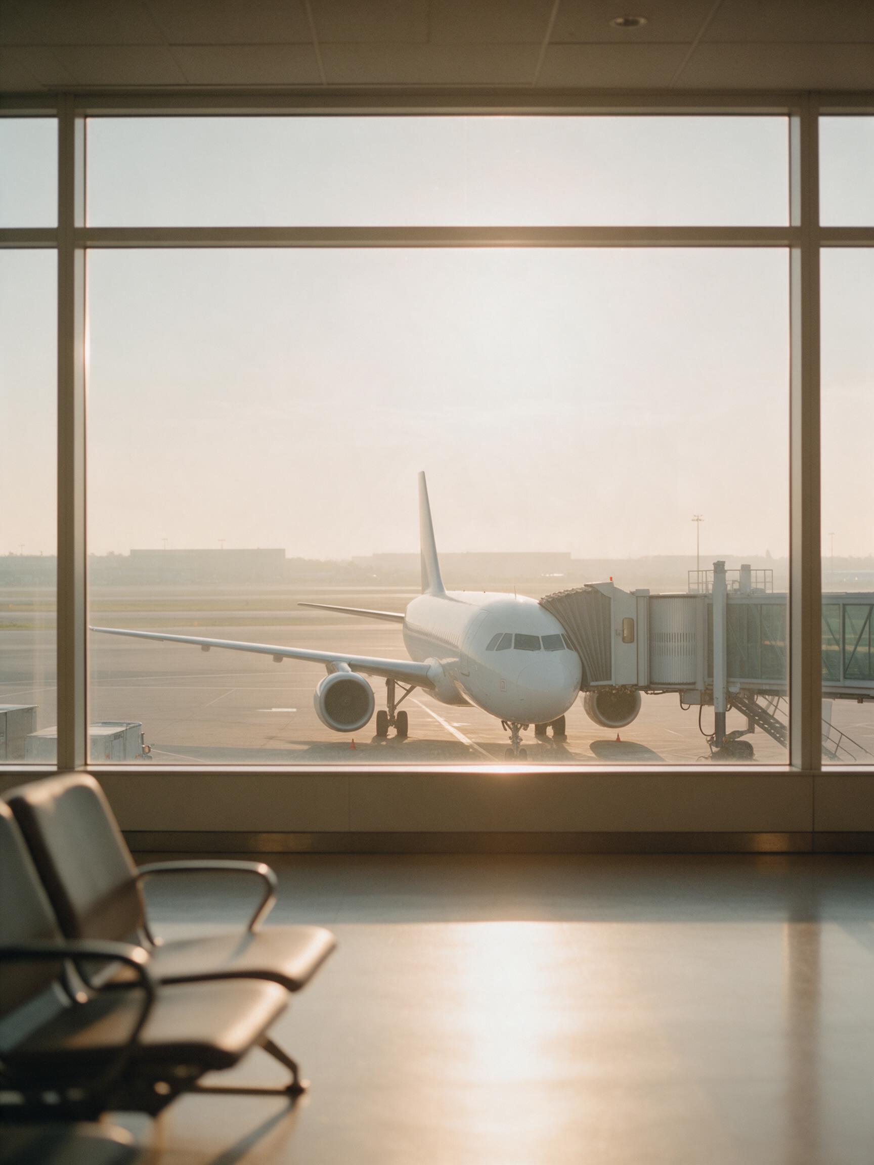 Avião estacionado no portão de embarque ao amanhecer