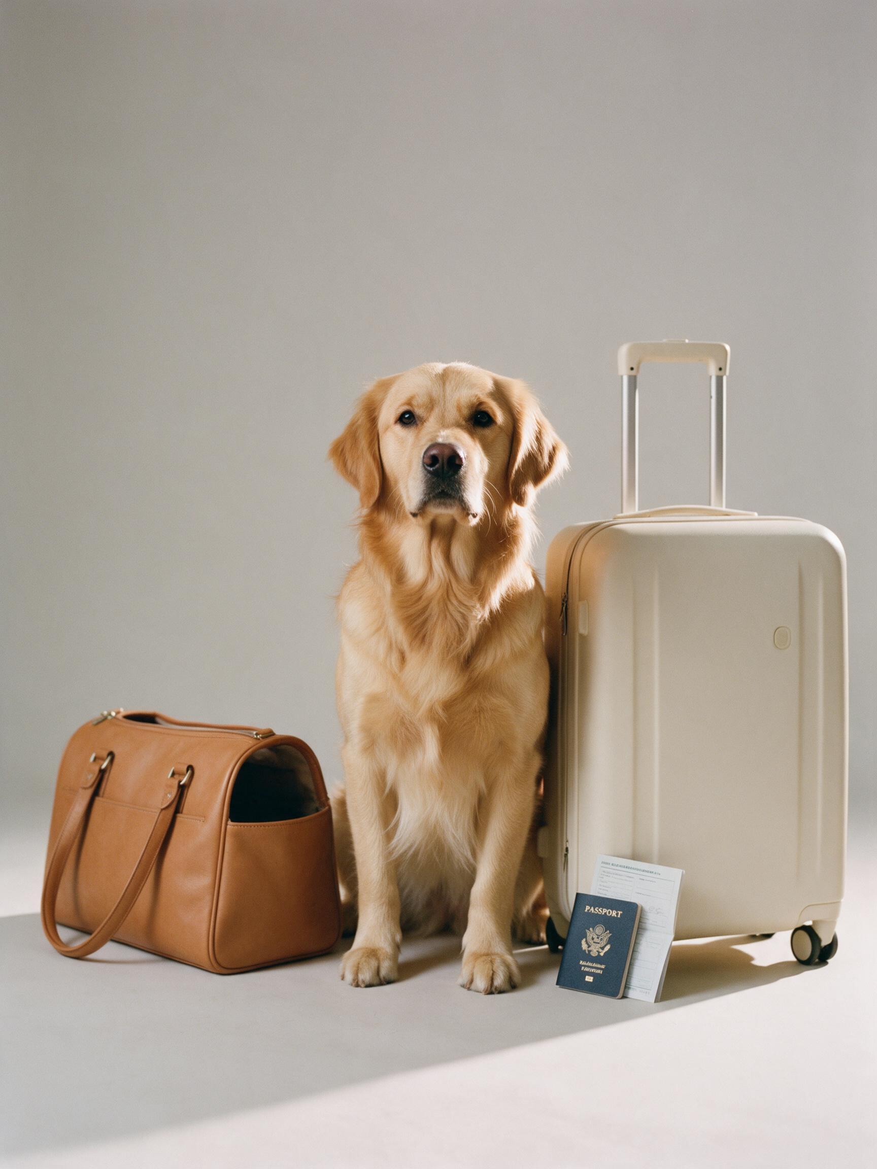 Golden retriever pronto para viajar ao lado da bagagem e dos documentos