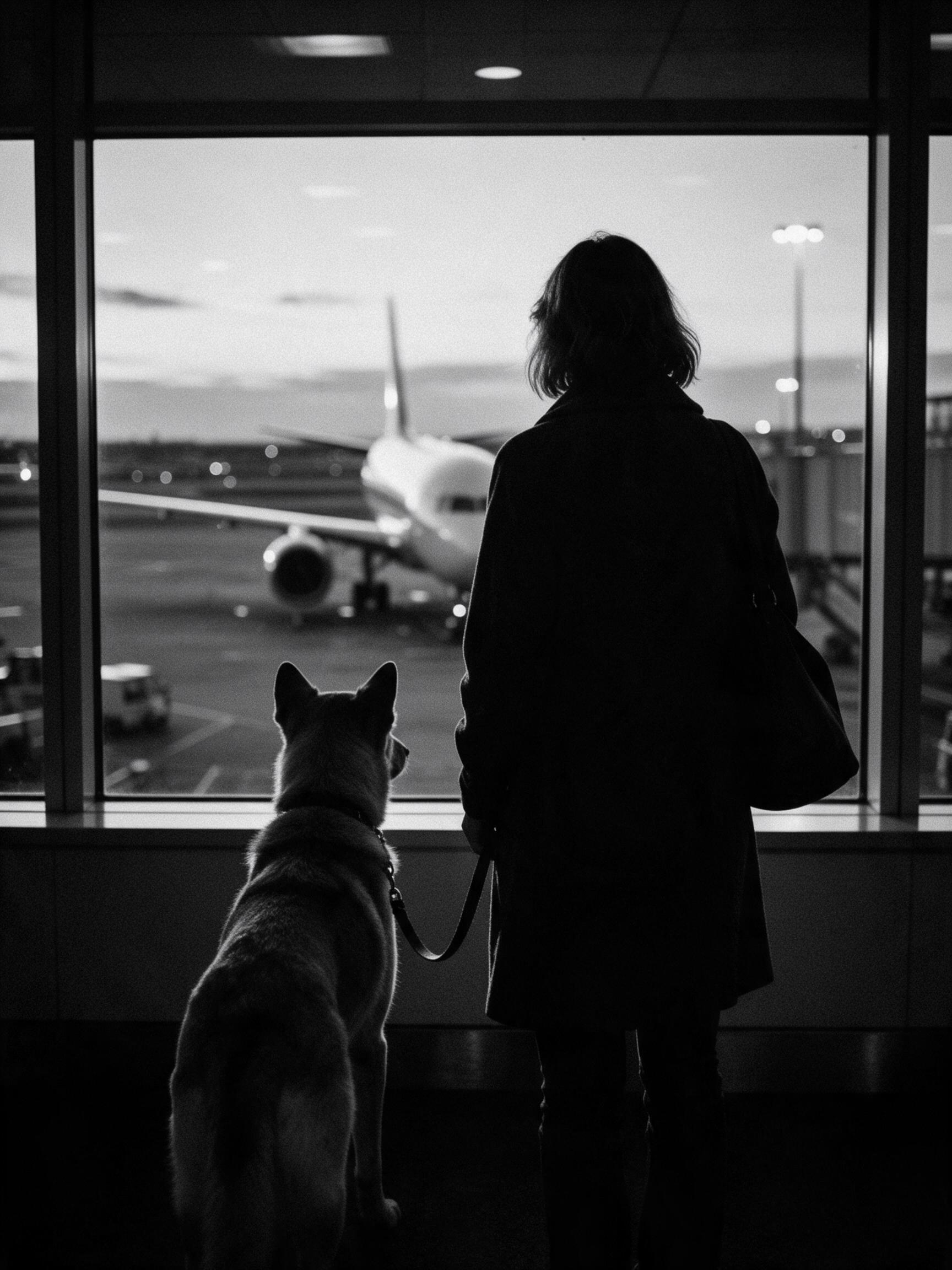 Tutora e seu cachorro olhando a pista pela janela do aeroporto