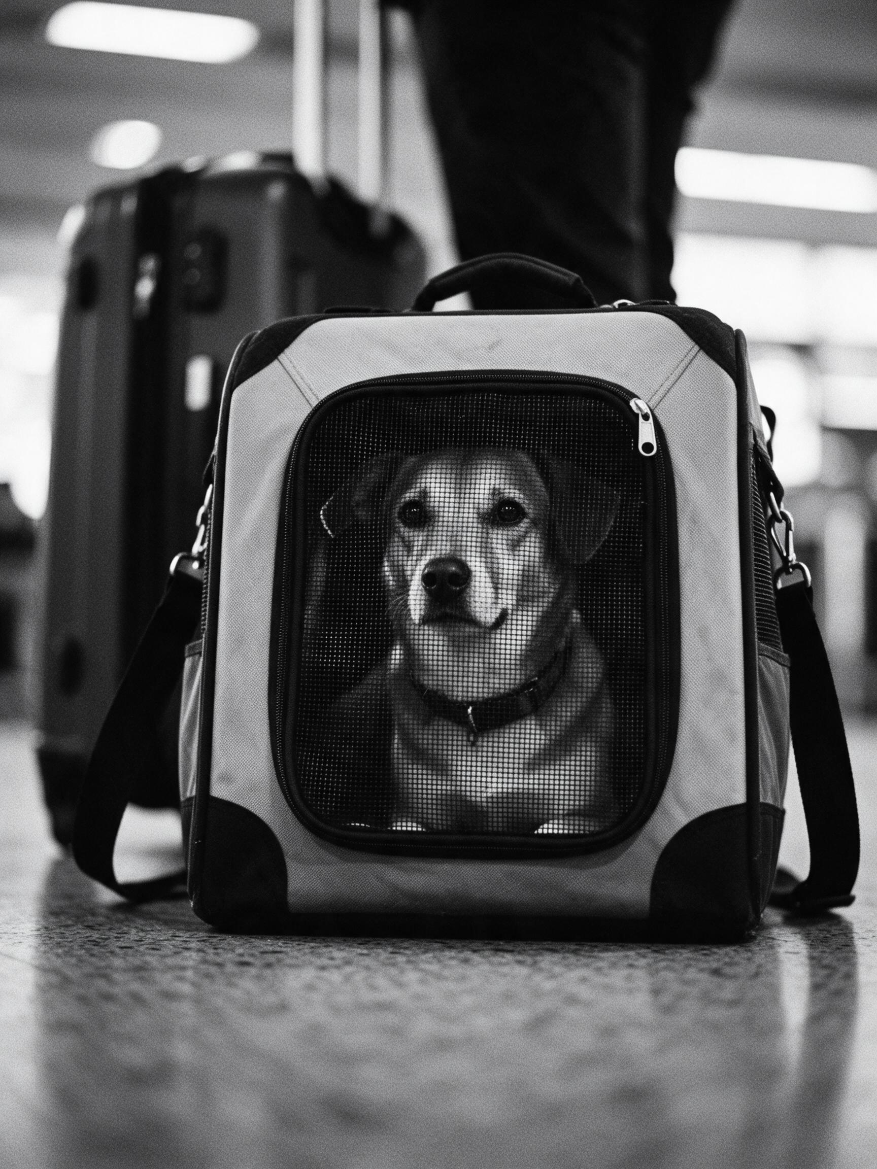 Cachorro dentro de uma caixa de transporte no aeroporto