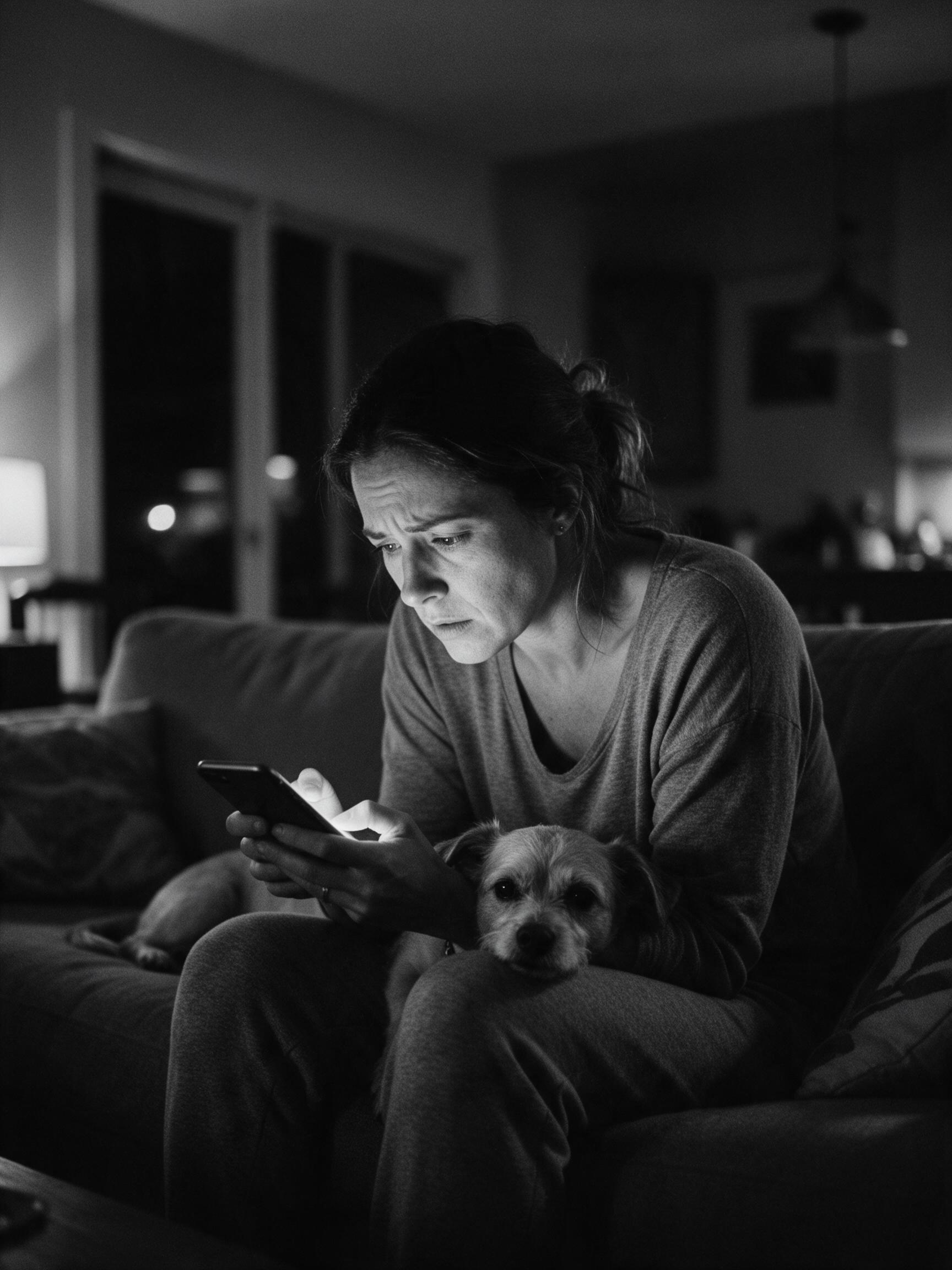 Tutora pesquisando no celular ao lado do seu cachorro